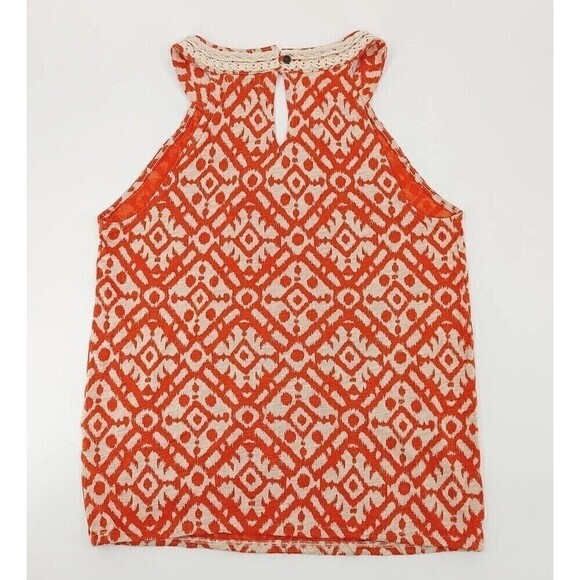 Lucky Brand Womens Top Medium Orange Ikat Print Halter Crochet Trim Boho Summer - Picture 5 of 9